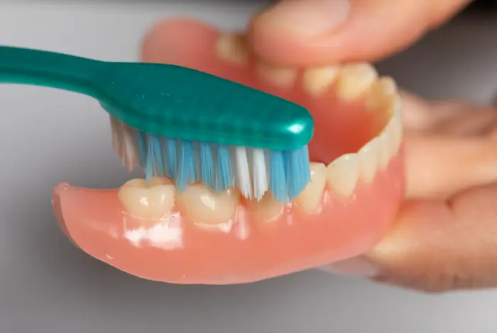 Person cleaning their denture with a toothbrush